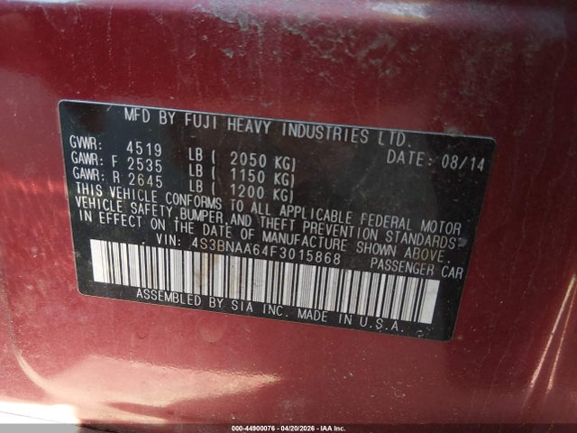 2015 Subaru Legacy 2.5i მანქანა იყიდება აუქციონზე, vin: 4S3BNAA64F3015868, აუქციონის ნომერი: 44900076