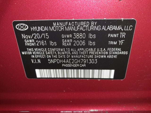 Aukcja sprzedaży 2016 Hyundai Elantra Se, vin: 5NPDH4AE2GH791303, numer aukcji: 44900082