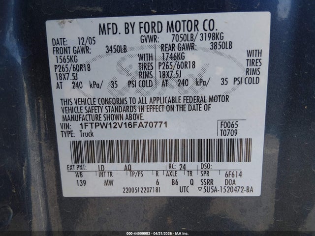 Aukcja sprzedaży 2006 Ford F-150 Lariat/xlt, vin: 1FTPW12V16FA70771, numer aukcji: 44900083