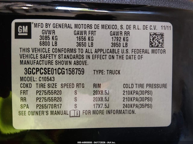 44900088 :رقم المزاد ، 3GCPCSE01CG158759 vin ، 2012 Chevrolet Silverado 1500 Lt مزاد بيع