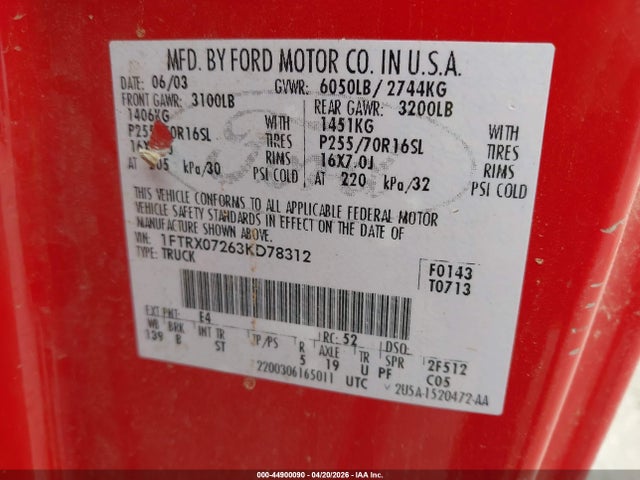 44900090 :رقم المزاد ، 1FTRX07263KD78312 vin ، 2003 Ford F-150 Xl/xlt مزاد بيع