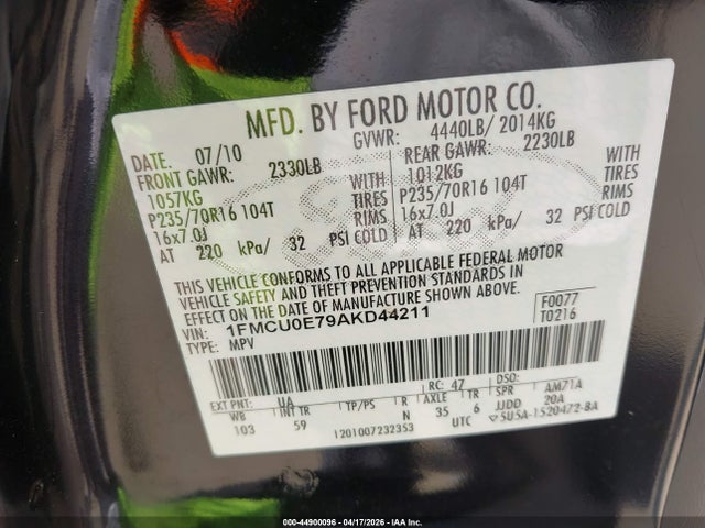 Продаж на аукціоні авто 2010 Ford Escape Limited, vin: 1FMCU0E79AKD44211, номер лоту: 44900096