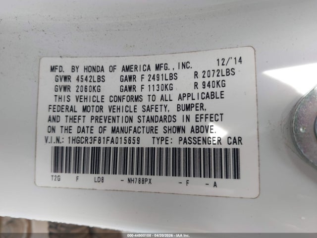 Продажа на аукционе авто 2015 Honda Accord Ex-l V-6, vin: 1HGCR3F81FA015659, номер лота: 44900108