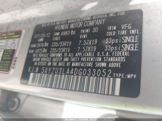 2013 Hyundai Santa Fe Sport 2.0t მანქანა იყიდება აუქციონზე, vin: 5XYZU3LA4DG033052, აუქციონის ნომერი: 44900113