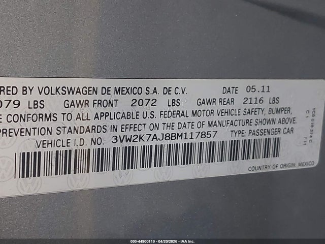 44900119 :رقم المزاد ، 3VW2K7AJ8BM117857 vin ، 2011 Volkswagen Jetta 2.0l S مزاد بيع