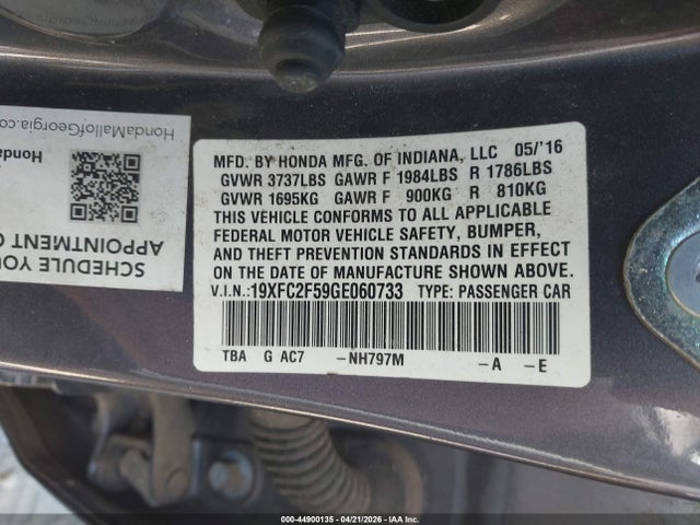 Aukcja sprzedaży 2016 Honda Civic Lx, vin: 19XFC2F59GE060733, numer aukcji: 44900135