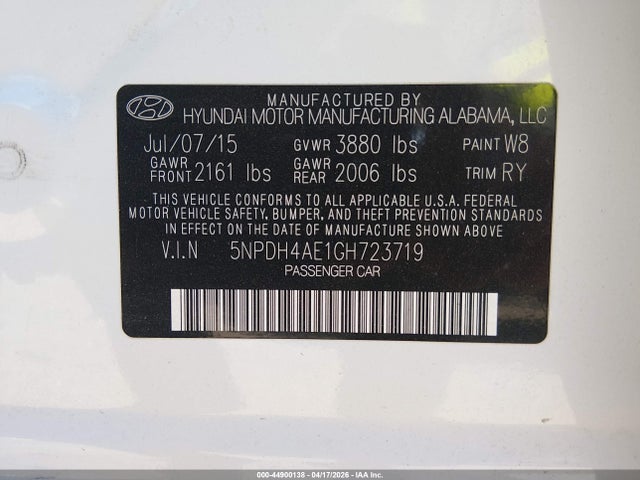 5NPDH4AE1GH723719 Hyundai Elantra Value Edition