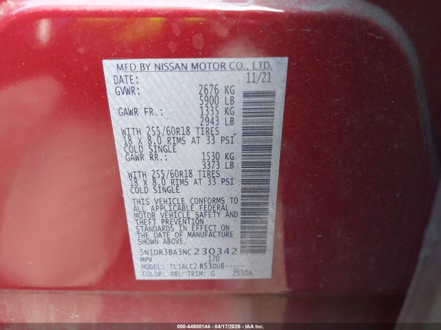 Nissan Pathfinder Sv 2wd 2022 5N1DR3BA3NC230342 Image 9