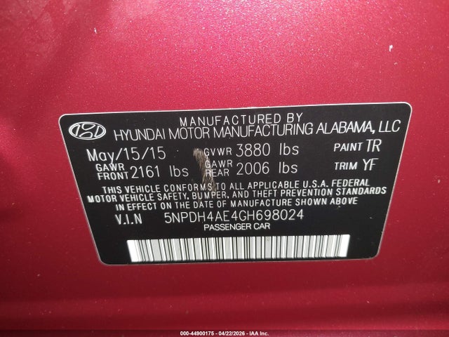 Aukcja sprzedaży 2016 Hyundai Elantra Se, vin: 5NPDH4AE4GH698024, numer aukcji: 44900175