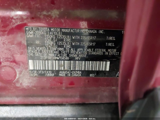 Aukcja sprzedaży 2021 Toyota Rav4 Xle, vin: 2T3P1RFV8MW158588, numer aukcji: 44900181