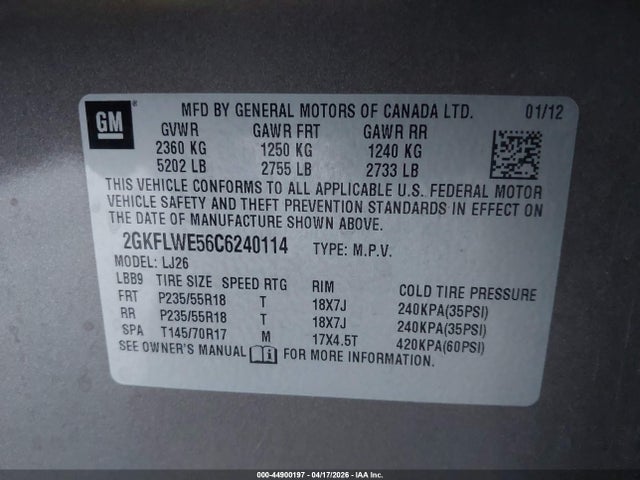 44900197 :رقم المزاد ، 2GKFLWE56C6240114 vin ، 2012 Gmc Terrain Slt-2 مزاد بيع
