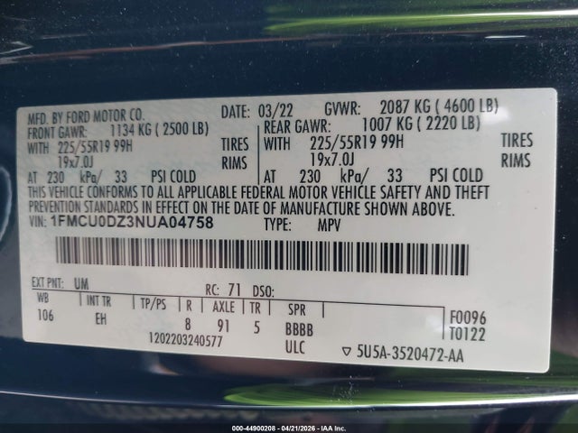 1FMCU0DZ3NUA04758 Ford Escape Titanium Hybrid