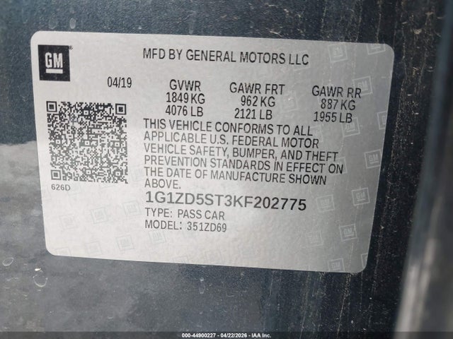 44900227 :رقم المزاد ، 1G1ZD5ST3KF202775 vin ، 2019 Chevrolet Malibu Lt مزاد بيع