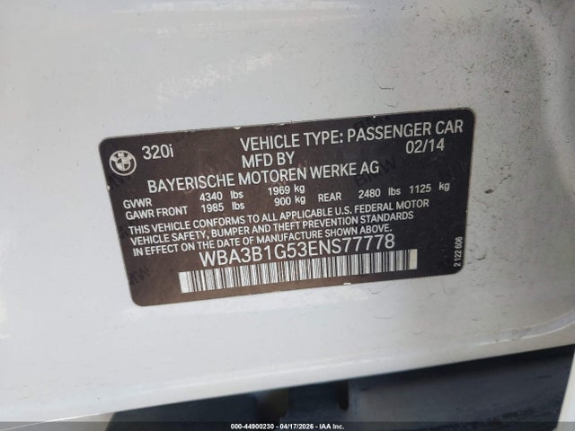 Продаж на аукціоні авто 2014 Bmw 320i, vin: WBA3B1G53ENS77778, номер лоту: 44900230
