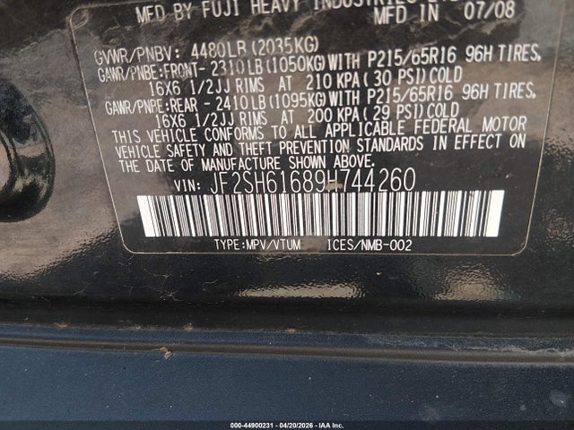 Продажа на аукционе авто 2009 Subaru Forester 2.5x, vin: JF2SH61689H744260, номер лота: 44900231