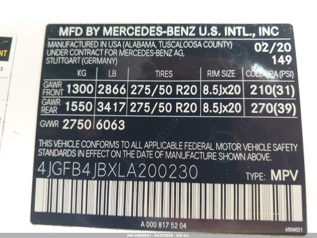 44900241 :رقم المزاد ، 4JGFB4JBXLA200230 vin ، 2020 Mercedes-benz Gle 350 مزاد بيع
