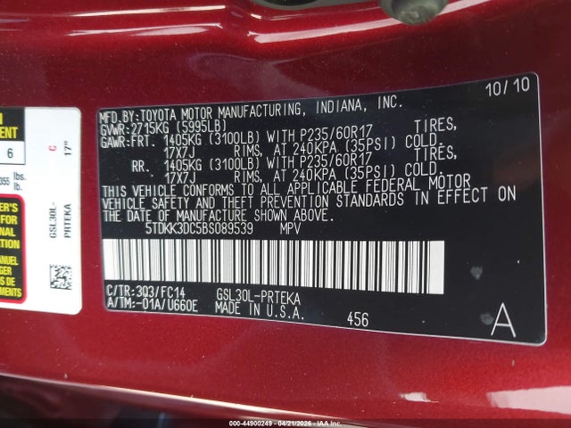 44900249 :رقم المزاد ، 5TDKK3DC5BS089539 vin ، 2011 Toyota Sienna Le V6 مزاد بيع