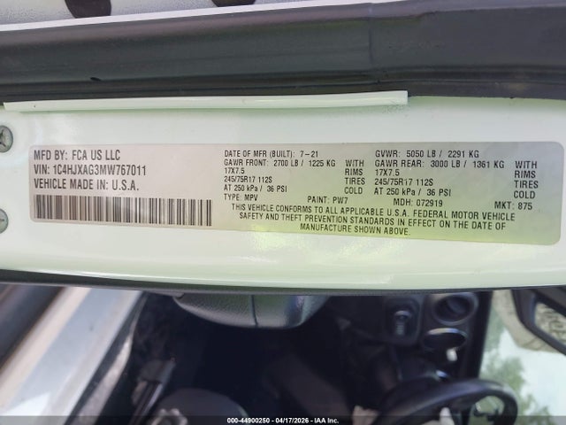 Aukcja sprzedaży 2021 Jeep Wrangler Sport S 4x4, vin: 1C4HJXAG3MW767011, numer aukcji: 44900250