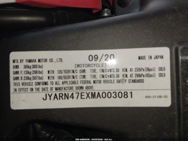 44900256 :رقم المزاد ، JYARN47EXMA003081 vin ، 2021 Yamaha Xsr900 مزاد بيع
