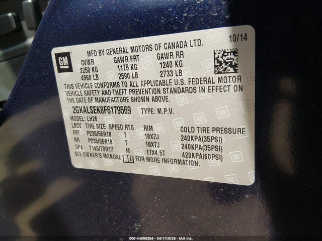 Продаж на аукціоні авто 2015 Gmc Terrain Slt-1, vin: 2GKALSEK8F6179569, номер лоту: 44900264