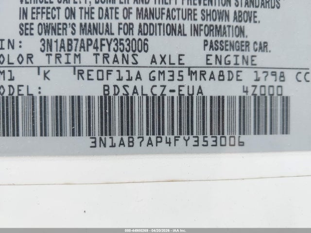 Aukcja sprzedaży 2015 Nissan Sentra S, vin: 3N1AB7AP4FY353006, numer aukcji: 44900269