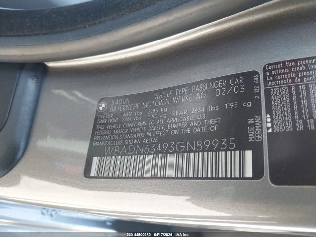 Продаж на аукціоні авто 2003 Bmw 540ia, vin: WBADN63493GN89935, номер лоту: 44900280