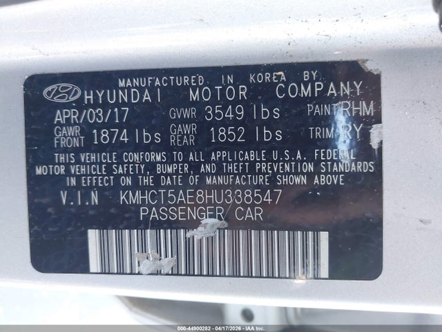 44900282 :رقم المزاد ، KMHCT5AE8HU338547 vin ، 2017 Hyundai Accent Se مزاد بيع