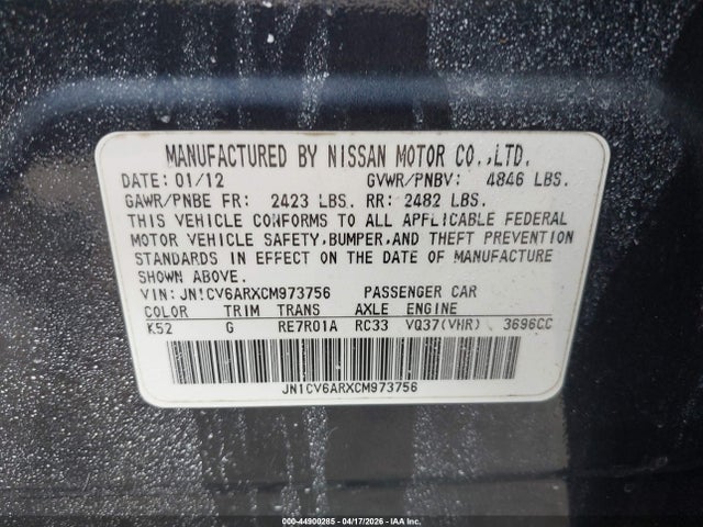 2012 Infiniti G37x მანქანა იყიდება აუქციონზე, vin: JN1CV6ARXCM973756, აუქციონის ნომერი: 44900285