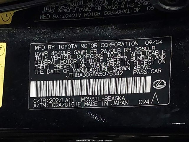 Aukcja sprzedaży 2005 Lexus Es 330, vin: JTHBA30G855075042, numer aukcji: 44900286
