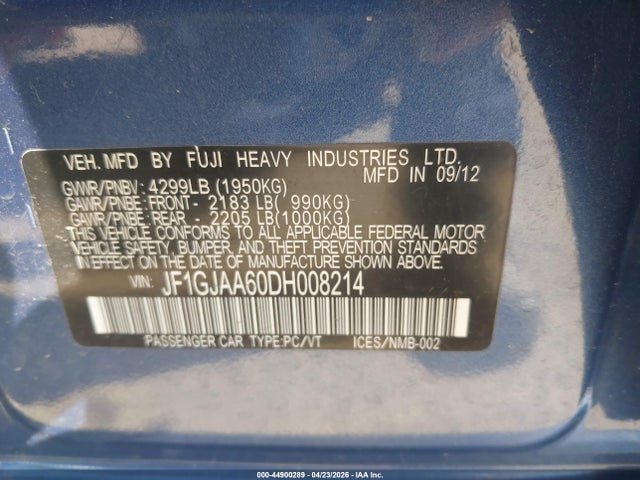 2013 Subaru Impreza 2.0i მანქანა იყიდება აუქციონზე, vin: JF1GJAA60DH008214, აუქციონის ნომერი: 44900289