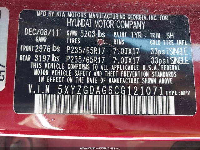 44900295 :رقم المزاد ، 5XYZGDAG6CG121071 vin ، 2012 Hyundai Santa Fe Gls V6 مزاد بيع