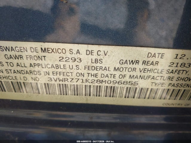 Продажа на аукционе авто 2008 Volkswagen Jetta Se/sel, vin: 3VWRZ71K28M096855, номер лота: 44900310