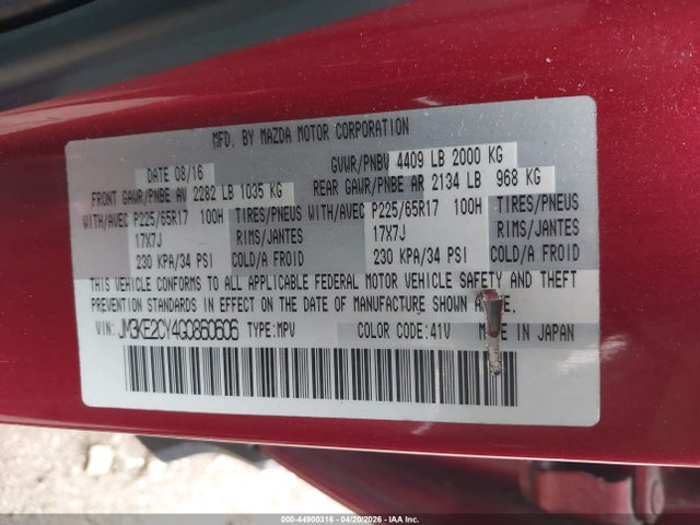 44900316 :رقم المزاد ، JM3KE2CY4G0860606 vin ، 2016 Mazda Cx-5 Touring مزاد بيع