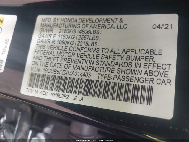 2021 Acura Tlx A-spec Package მანქანა იყიდება აუქციონზე, vin: 19UUB5F5XMA014405, აუქციონის ნომერი: 44900320