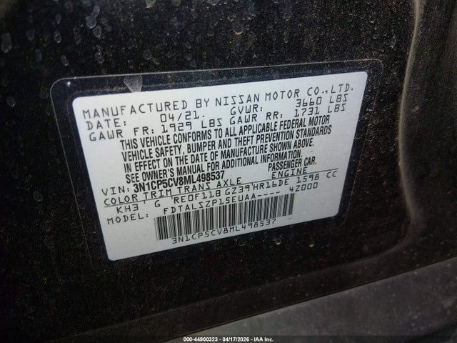 2021 Nissan Kicks Sv Xtronic Cvt მანქანა იყიდება აუქციონზე, vin: 3N1CP5CV8ML498537, აუქციონის ნომერი: 44900323