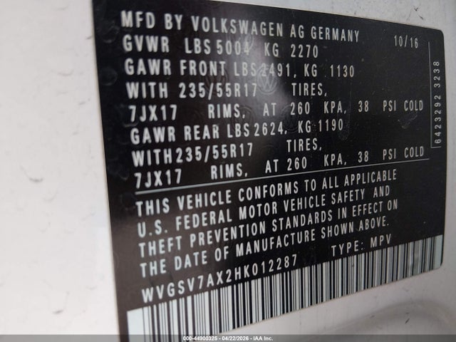 44900325 :رقم المزاد ، WVGSV7AX2HK012287 vin ، 2017 Volkswagen Tiguan 2.0t Wolfsburg Edition مزاد بيع