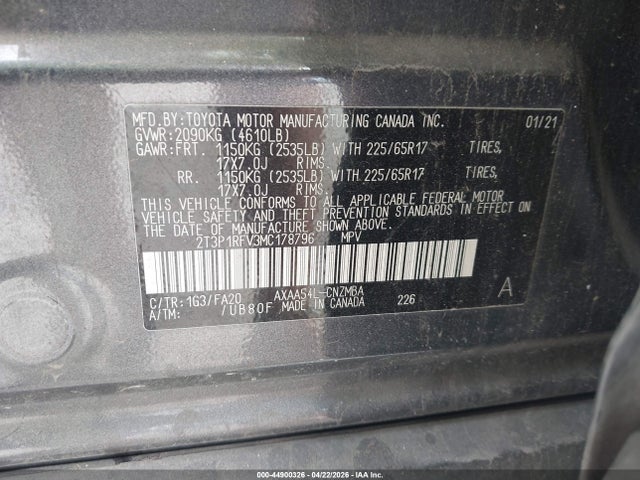 Aukcja sprzedaży 2021 Toyota Rav4 Xle, vin: 2T3P1RFV3MC178796, numer aukcji: 44900326
