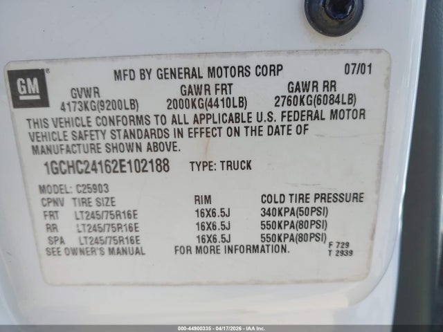 44900335 :رقم المزاد ، 1GCHC24162E102188 vin ، 2002 Chevrolet Silverado 2500hd مزاد بيع