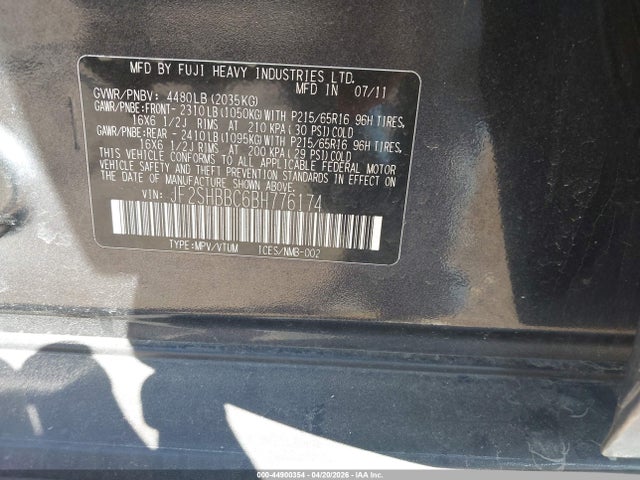 2011 Subaru Forester 2.5x მანქანა იყიდება აუქციონზე, vin: JF2SHBBC6BH776174, აუქციონის ნომერი: 44900354
