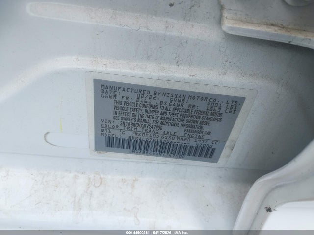 Продаж на аукціоні авто 2022 Nissan Sentra Sv Xtronic Cvt, vin: 3N1AB8CVXNY247000, номер лоту: 44900361
