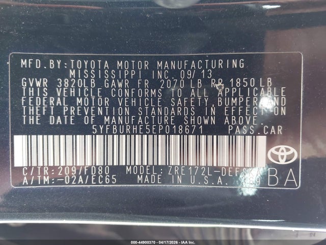 Aukcja sprzedaży 2014 Toyota Corolla S Plus, vin: 5YFBURHE5EP018671, numer aukcji: 44900370