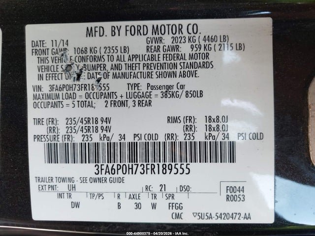 44900375 :رقم المزاد ، 3FA6P0H73FR189555 vin ، 2015 Ford Fusion Se مزاد بيع
