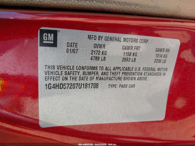 Aukcja sprzedaży 2007 Buick Lucerne Cxl, vin: 1G4HD57207U181708, numer aukcji: 44900388