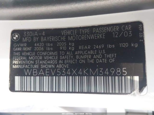 2004 Bmw 330i მანქანა იყიდება აუქციონზე, vin: WBAEV534X4KM34985, აუქციონის ნომერი: 44900404