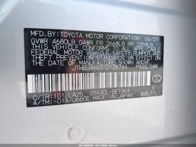 Продажа на аукционе авто 2007 Lexus Es 350, vin: JTHBJ46G372138744, номер лота: 44900406