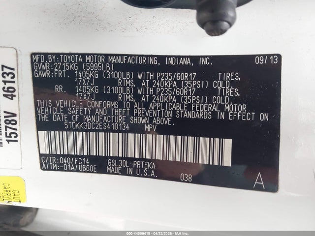 2014 Toyota Sienna Le V6 8 Passenger მანქანა იყიდება აუქციონზე, vin: 5TDKK3DC2ES410134, აუქციონის ნომერი: 44900418