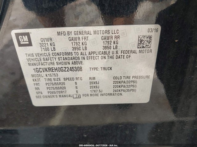 Продажа на аукционе авто 2016 Chevrolet Silverado 1500 1lt, vin: 1GCVKREH0GZ245308, номер лота: 44900434