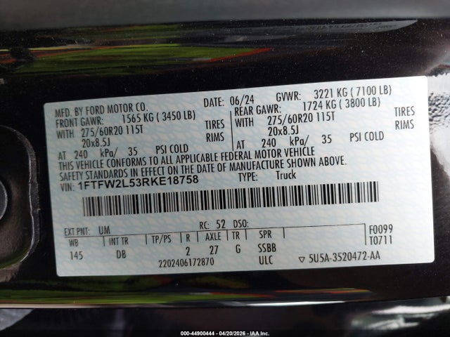 Aukcja sprzedaży 2024 Ford F-150 Stx, vin: 1FTFW2L53RKE18758, numer aukcji: 44900444