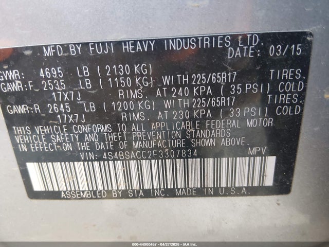 4S4BSACC2F3307834 Subaru Outback 2.5i Premium