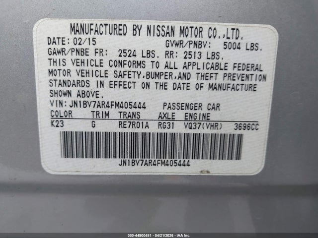 44900481 :رقم المزاد ، JN1BV7AR4FM405444 vin ، 2015 Infiniti Q50 Premium مزاد بيع